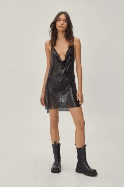 Slip Dresses Chainmail Cowl Neck Relaxed Mini Dress 25 Slip Dresses Chainmail Cowl Neck Relaxed Mini Dress -Christmas Sales womens black chainmail cowl neck relaxed mini dress 1