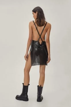 Slip Dresses Chainmail Cowl Neck Relaxed Mini Dress 26 Slip Dresses Chainmail Cowl Neck Relaxed Mini Dress -Christmas Sales womens black chainmail cowl neck relaxed mini dress 2