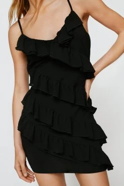 Slip Dresses Chiffon Ruffle Mini Cami Dress -Christmas Sales womens black chiffon ruffle mini cami dress
