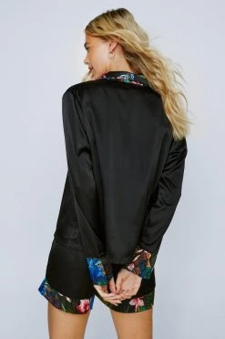 Two Piece Sets Contrast Peacock Print Pajama Shirt & Short Set -Christmas Sales womens black contrast peacock print pajama shirt short set 5