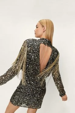 Sequin Dresses Embellished Sequin Fringe Trim Bodycon Mini Dress -Christmas Sales womens black embellished sequin fringe trim bodycon mini dress 2