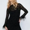 Bodycon Dresses Feather Cuff Lace Trim Dress -Christmas Sales womens black feather cuff lace trim dress