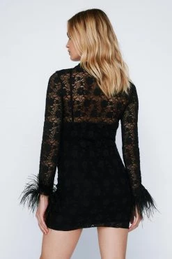 Bodycon Dresses Feather Cuff Lace Trim Dress -Christmas Sales womens black feather cuff lace trim dress 2