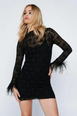 Bodycon Dresses Feather Cuff Lace Trim Dress