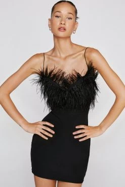 Bodycon Dresses Feather Trim Strappy Mini Dress -Christmas Sales womens black feather trim strappy mini dress 3