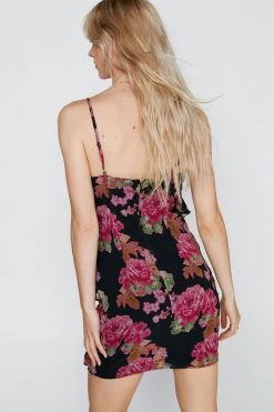 Party Outfits Floral Print Chiffon Ruffle Mini Cami Dress 8 Party Outfits Floral Print Chiffon Ruffle Mini Cami Dress -Christmas Sales womens black floral print chiffon ruffle mini cami dress 2