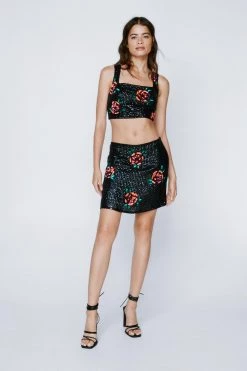 Going Out Tops Floral Sequin Square Neck Crop Top