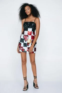 Party Outfits Heart Checkerboard Sequin Mini Dress