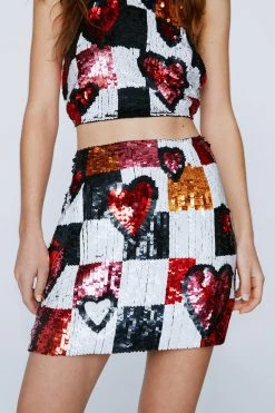 Party Outfits Heart Checkerboard Sequin Mini Skirt 8 Party Outfits Heart Checkerboard Sequin Mini Skirt -Christmas Sales womens black heart checkerboard sequin mini skirt 2