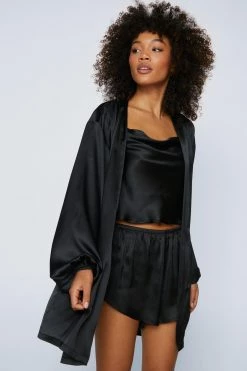 Sleepwear Satin 3 Piece Short Pajamas And Robe Set 15 Sleepwear Satin 3 Piece Short Pajamas And Robe Set -Christmas Sales womens black satin 3 piece short pajamas and robe set 3