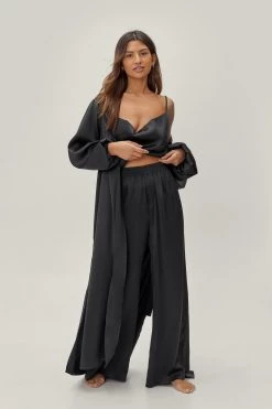 Sleepwear Satin Long Pajama Set And Robe -Christmas Sales womens black satin long pajama set and robe 3