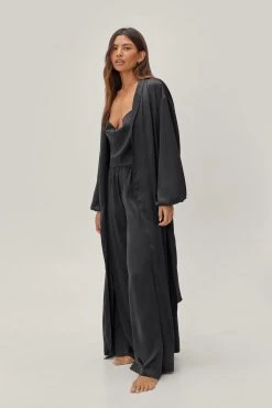 Christmas Sales -Christmas Sales womens black satin long pajama set and robe 5