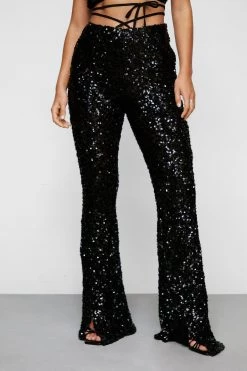 Tops Sequin Plunge Tie Waist Top And Flare