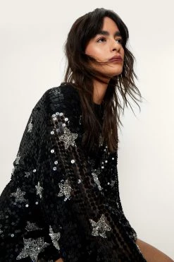 Party Dresses Sequin Star Print Belted Mini Dress -Christmas Sales womens black sequin star print belted mini dress 1