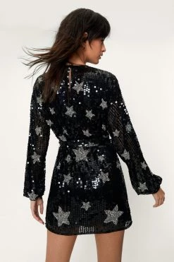 Party Dresses Sequin Star Print Belted Mini Dress -Christmas Sales womens black sequin star print belted mini dress 2