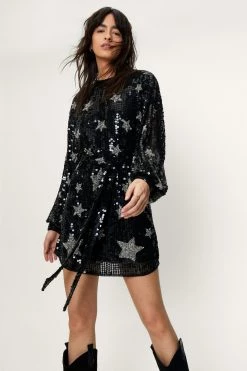 Party Dresses Sequin Star Print Belted Mini Dress -Christmas Sales womens black sequin star print belted mini dress 3