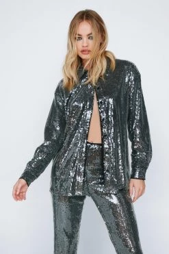 Shirts Sheer Sequin Relaxed Two Piece Shirt -Christmas Sales womens black sheer sequin relaxed two piece shirt 3