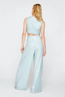 Sequin Pants Multi Sequin Super Wide Leg Pants -Christmas Sales womens blue multi sequin super wide leg pants 2