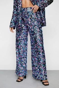 Party Outfits Rainbow Sequin Wide Leg Pants -Christmas Sales womens blue rainbow sequin wide leg pants