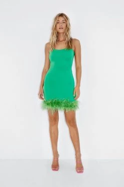Party Dresses Slinky Feather Trim Strappy Mini Dress -Christmas Sales womens bright20green slinky feather trim strappy mini dress 3