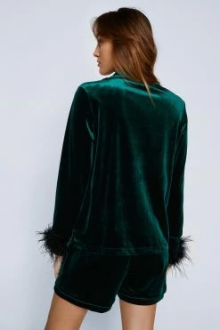 Shorts Feather Trim Velvet Pajama Short Set -Christmas Sales womens emerald feather trim velvet pajama short set 6