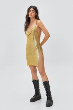 Slip Dresses Chainmail Cowl Neck Relaxed Mini Dress 30 Slip Dresses Chainmail Cowl Neck Relaxed Mini Dress -Christmas Sales womens gold chainmail cowl neck relaxed mini dress