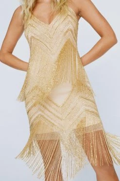 Dresses Strappy Tassel Mini Dress -Christmas Sales womens gold strappy tassel mini dress 3