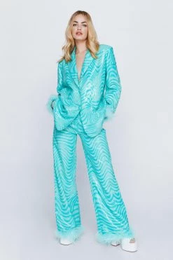 Two Piece Sets Feather Trim Marble Sequin Blazer