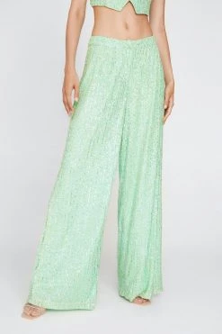Sequin Pants Multi Sequin Super Wide Leg Pants -Christmas Sales womens green multi sequin super wide leg pants 1