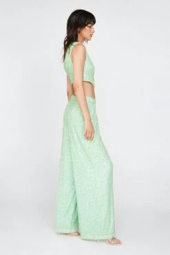 Sequin Pants Multi Sequin Super Wide Leg Pants -Christmas Sales womens green multi sequin super wide leg pants