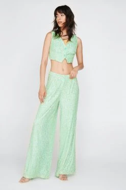 Sequin Pants Multi Sequin Super Wide Leg Pants -Christmas Sales womens green multi sequin super wide leg pants 3