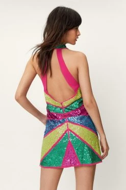 Sequin Dresses Sequin Colorblock Plunge Mini Dress -Christmas Sales womens hot20pink embellished colorblock plunge mini dress 2