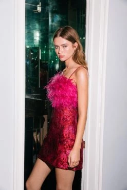 Party Outfits Feather Cut-Out Jacquard Mini Dress -Christmas Sales womens hot20pink feather cut out jacquard mini dress 2