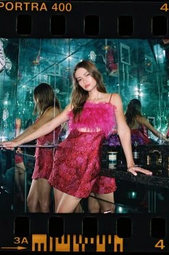 Party Outfits Feather Cut-Out Jacquard Mini Dress -Christmas Sales womens hot20pink feather cut out jacquard mini dress 3