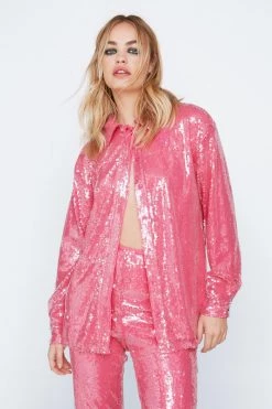 Party Outfits Sequin Long Sleeve Relaxed Fit Shirt