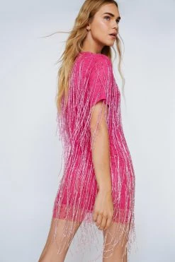 Party Dresses Tassel Beaded Mini Shift Dress -Christmas Sales womens hot20pink tassel beaded mini shift dress 5