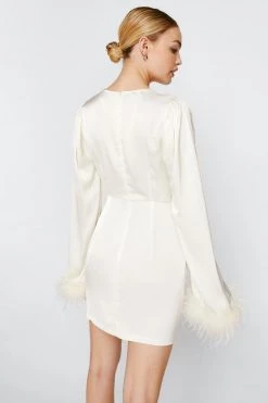 60% Off Dresses, Tops & Footwear! Feather Cuff Satin Tie Front Mini Dress -Christmas Sales womens ivory feather cuff satin tie front mini dress 2