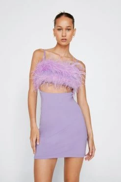 Party Outfits Feather Trim Bodycon Mini Dress -Christmas Sales womens lilac feather trim bodycon mini dress 3