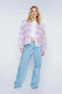 Going Out Jackets Real Feather Collar Sequin Jacket