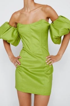 Formal Wear Bardot Taffeta Mini Dress -Christmas Sales womens lime bardot taffeta mini dress 1