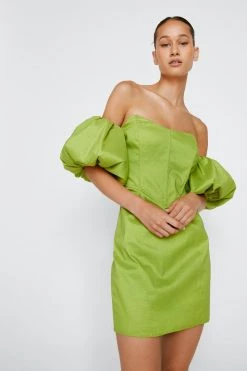 Formal Wear Bardot Taffeta Mini Dress -Christmas Sales womens lime bardot taffeta mini dress