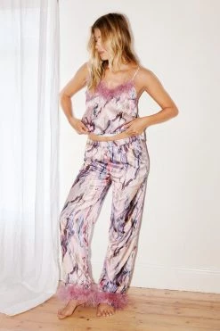 Two Piece Pants Set Marble Print Satin Feather Cami Pajama Set