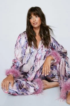 Two Piece Pants Set Plus Size Marble Print Long Pajama Set