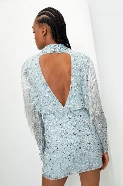 Sequin Dresses Embellished Sequin Fringe Trim Bodycon Mini Dress -Christmas Sales womens mint embellished sequin fringe trim bodycon mini dress 2