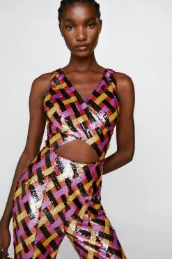 Party Outfits Check Sequin Cut Out Flare Jumpsuit