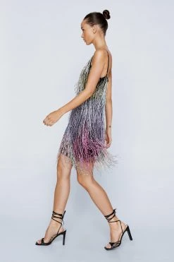 Sequin Dresses Petite Multi Fringe Beaded Strappy Mini Dress
