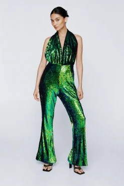 Wide Leg Jumpsuits Petite Sequin Halter Neck Plunge Jumpsuit