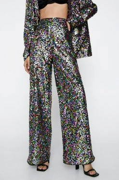 Party Outfits Rainbow Sequin Wide Leg Pants -Christmas Sales womens multi rainbow sequin wide leg pants 1