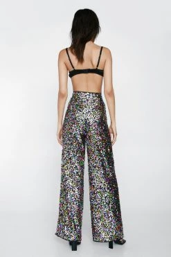 Party Outfits Rainbow Sequin Wide Leg Pants -Christmas Sales womens multi rainbow sequin wide leg pants 2