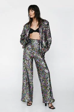 Party Outfits Rainbow Sequin Wide Leg Pants -Christmas Sales womens multi rainbow sequin wide leg pants 3